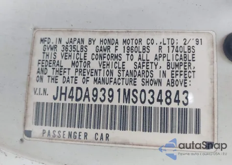 1991 Acura Integra Ls Special from USA, damaged, VIN JH4DA9391MS034843